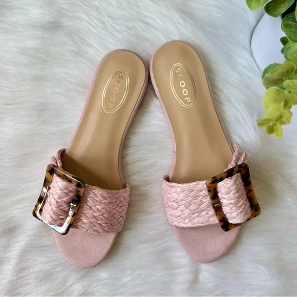 Scoop Rolie Tortoise Buckle Pink Raffia Slide Flat Sandal Size 7.5 - Picture 6 of 12